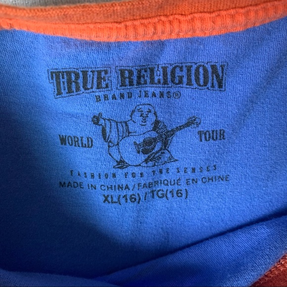 True Religion Graphic Logo Striped Sleeve T-Shirt - Picture 6 of 12